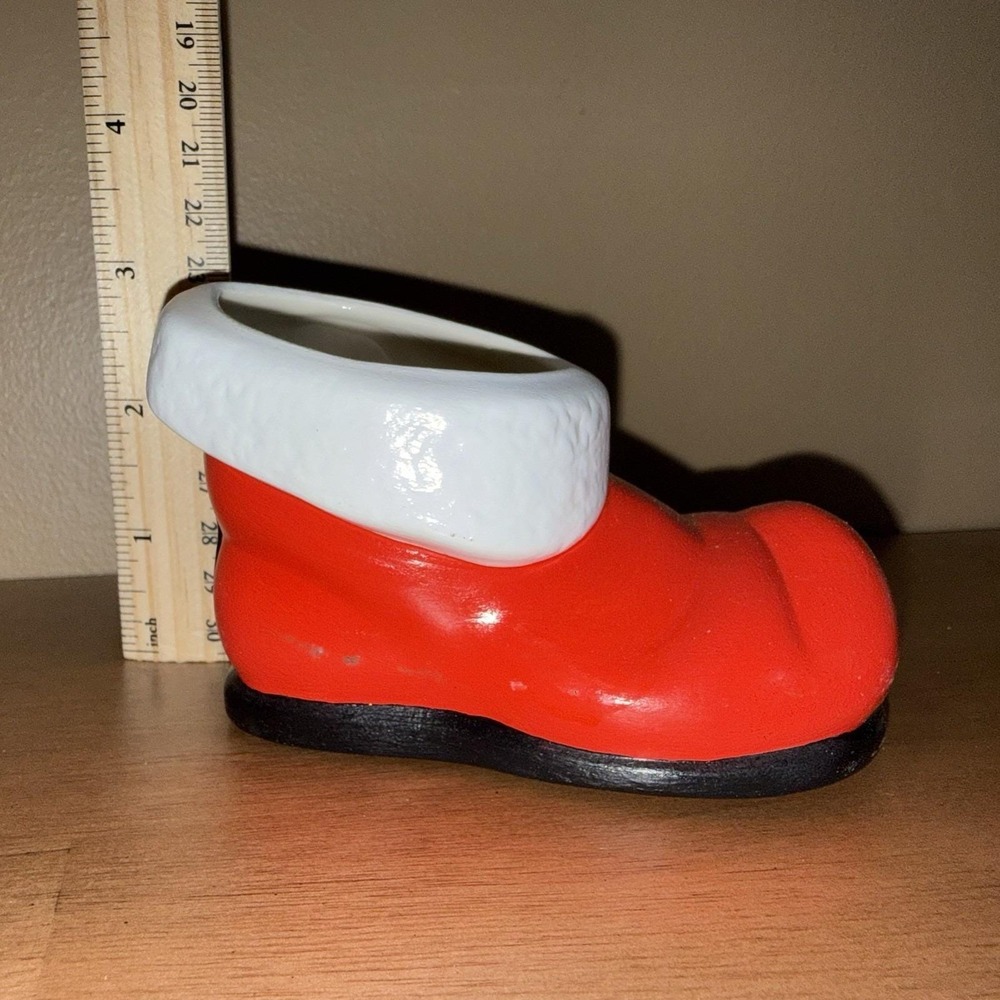 Vintage Ceramic Santa Boot Planter Christmas Candy Dish Red White Holiday Decor - Picture 2 of 6